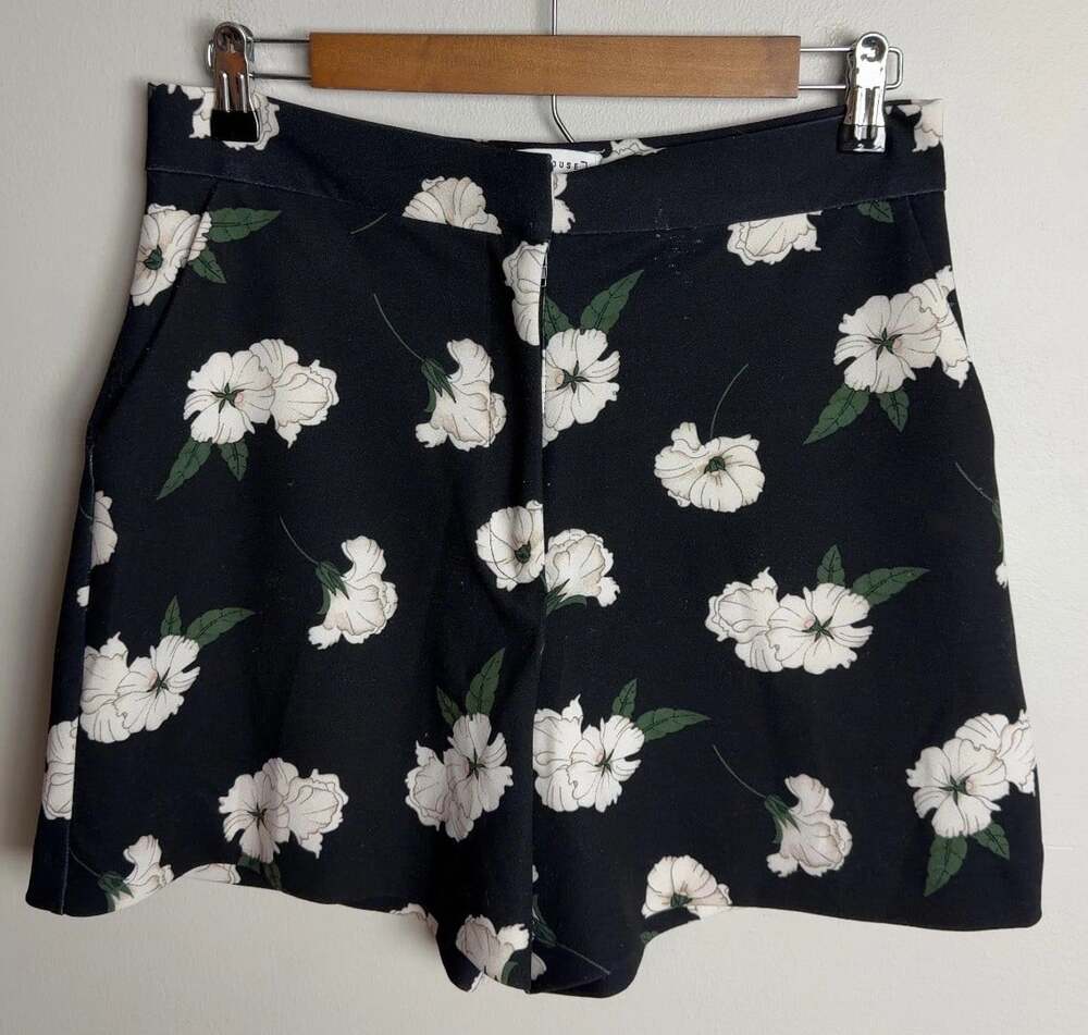 Warehouse Black Floral Print Shorts Size UK 12 US 8 Pockets Stretch Women’s